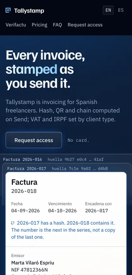 Tallystamp a 375 px: primera pantalla en móvil
