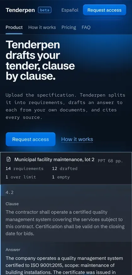 Tenderpen a 375 px: primera pantalla en móvil